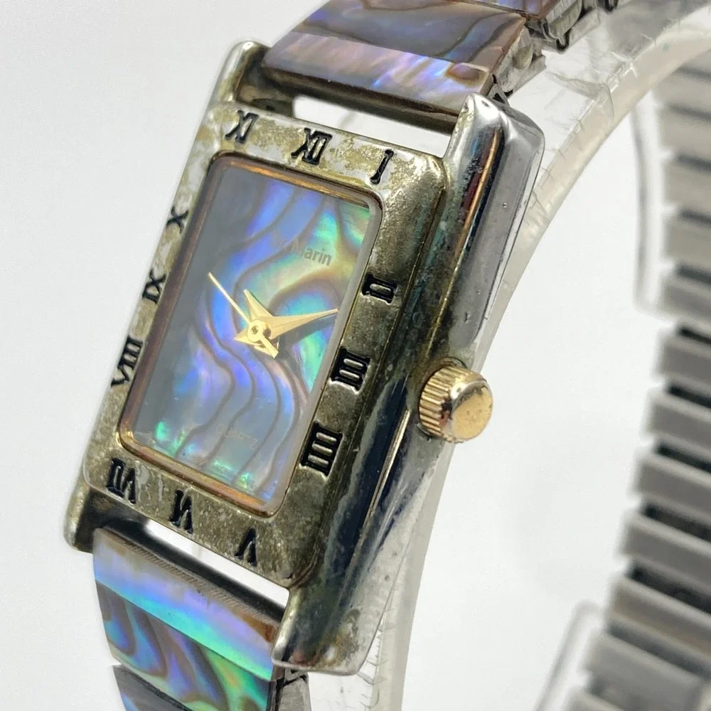 Vintage St. Marin Womens Watch 21mm Abalone Stretch Band Two Tone New Battery 6